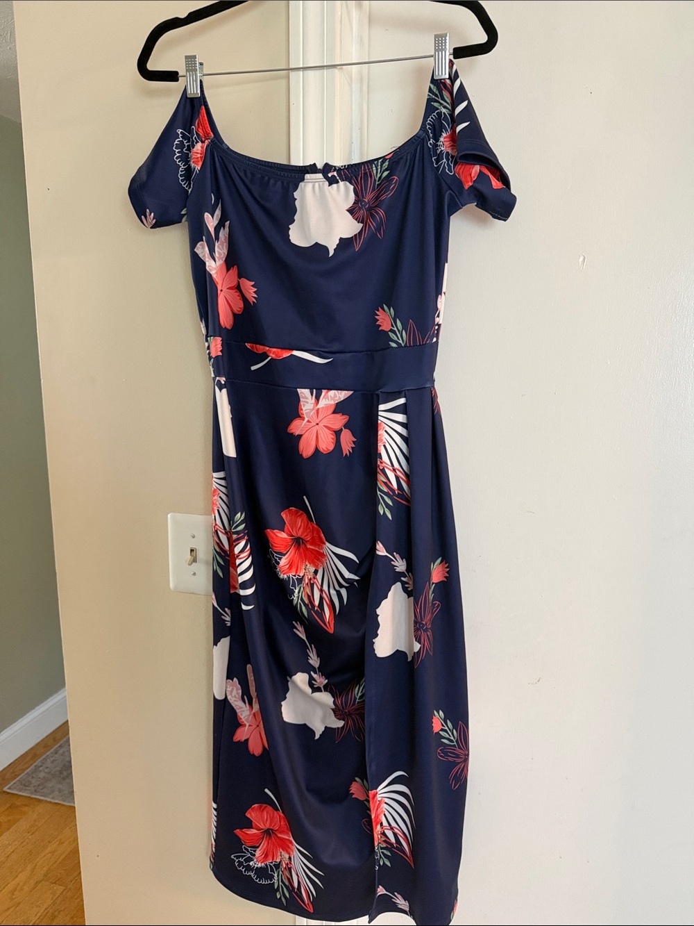 Navy Floral One-Shoulder Dress with Red Accents